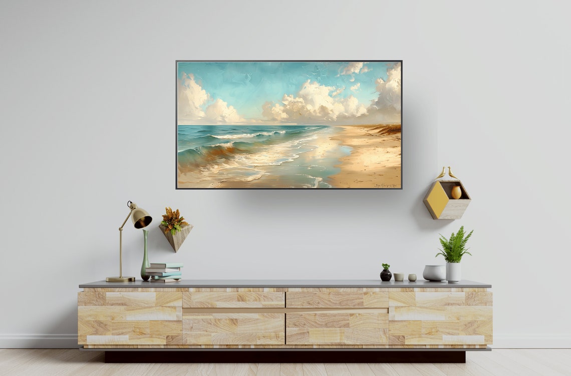 Serene Coastal Beach Ocean Waves Painting Print for Modern Home - Image 3