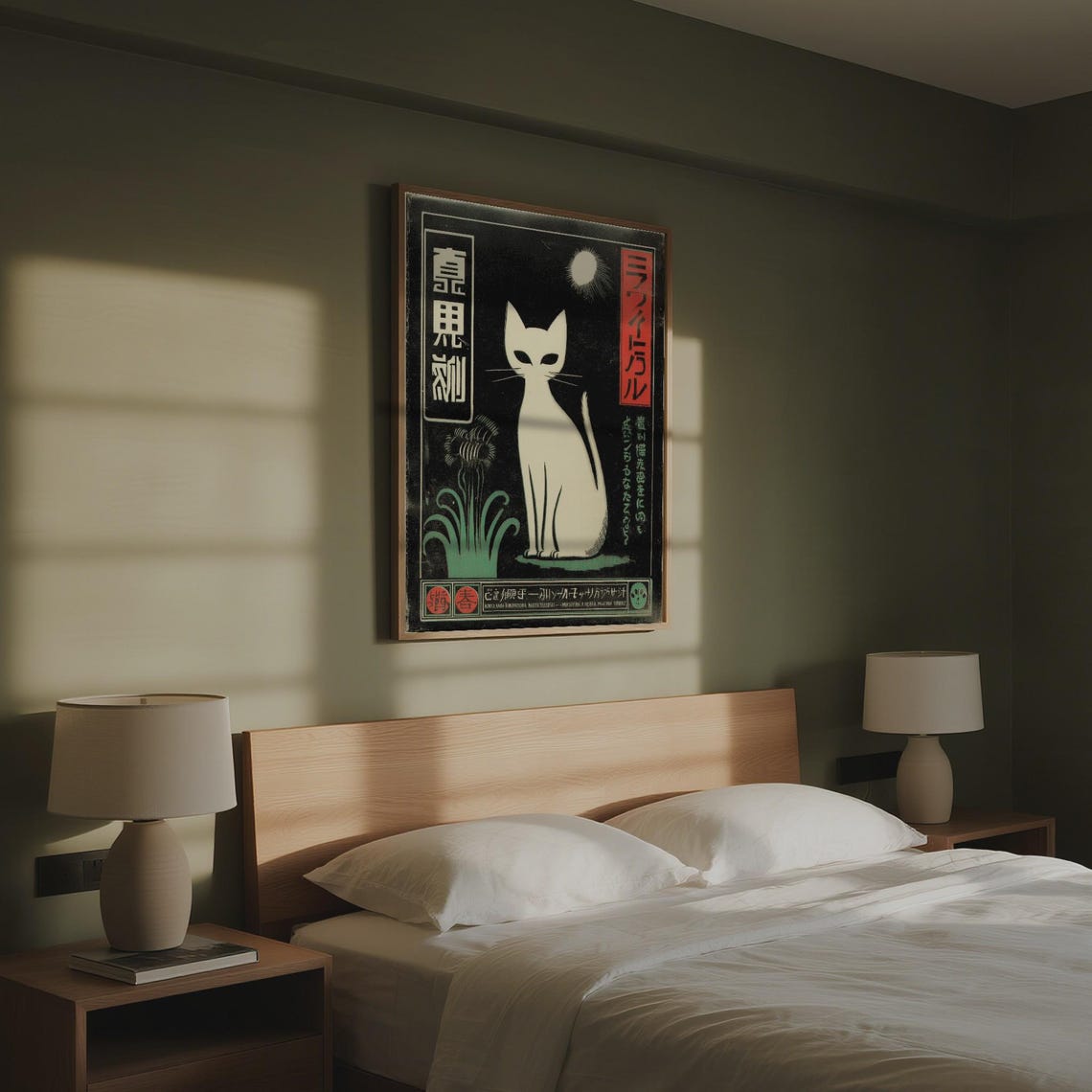 Vintage Japanese White Cat Moon Cattails Black Retro Night Poster