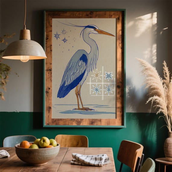Elegant Heron Illustration Art Print Serene Bird And Stars Design Nature Inspired Wall Decor Wildlife Lover Gift