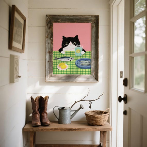 Whimsical Cat At Dinner Table Art Print Playful Feline Illustration Folk Style Kitchen Decor Unique Pet Lover Gift Charming Animal Poster