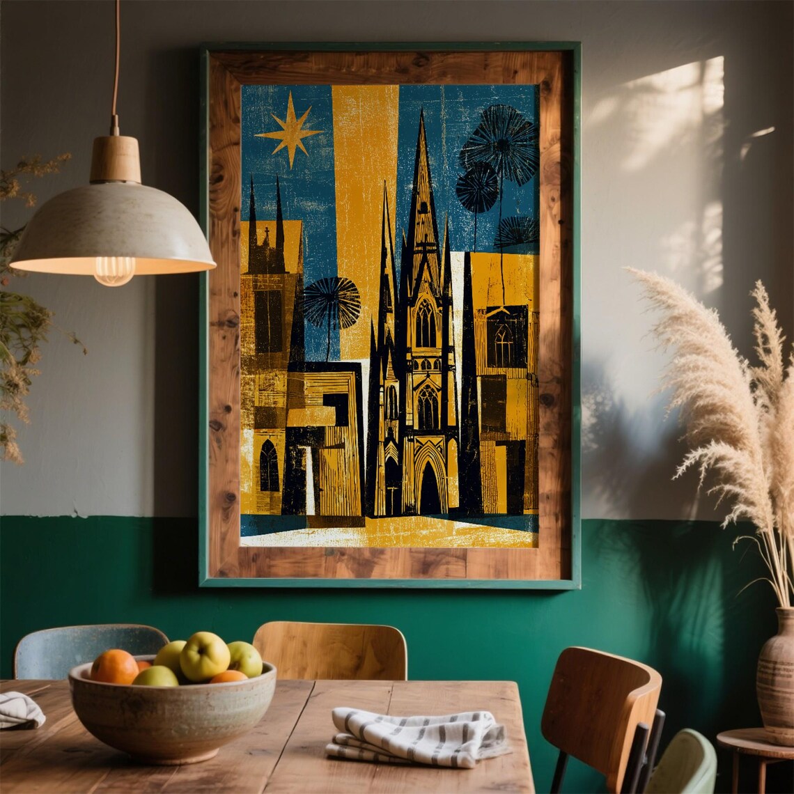 Golden Gothic Cathedral Woodcut Blue Night Star Abstract Church Poster