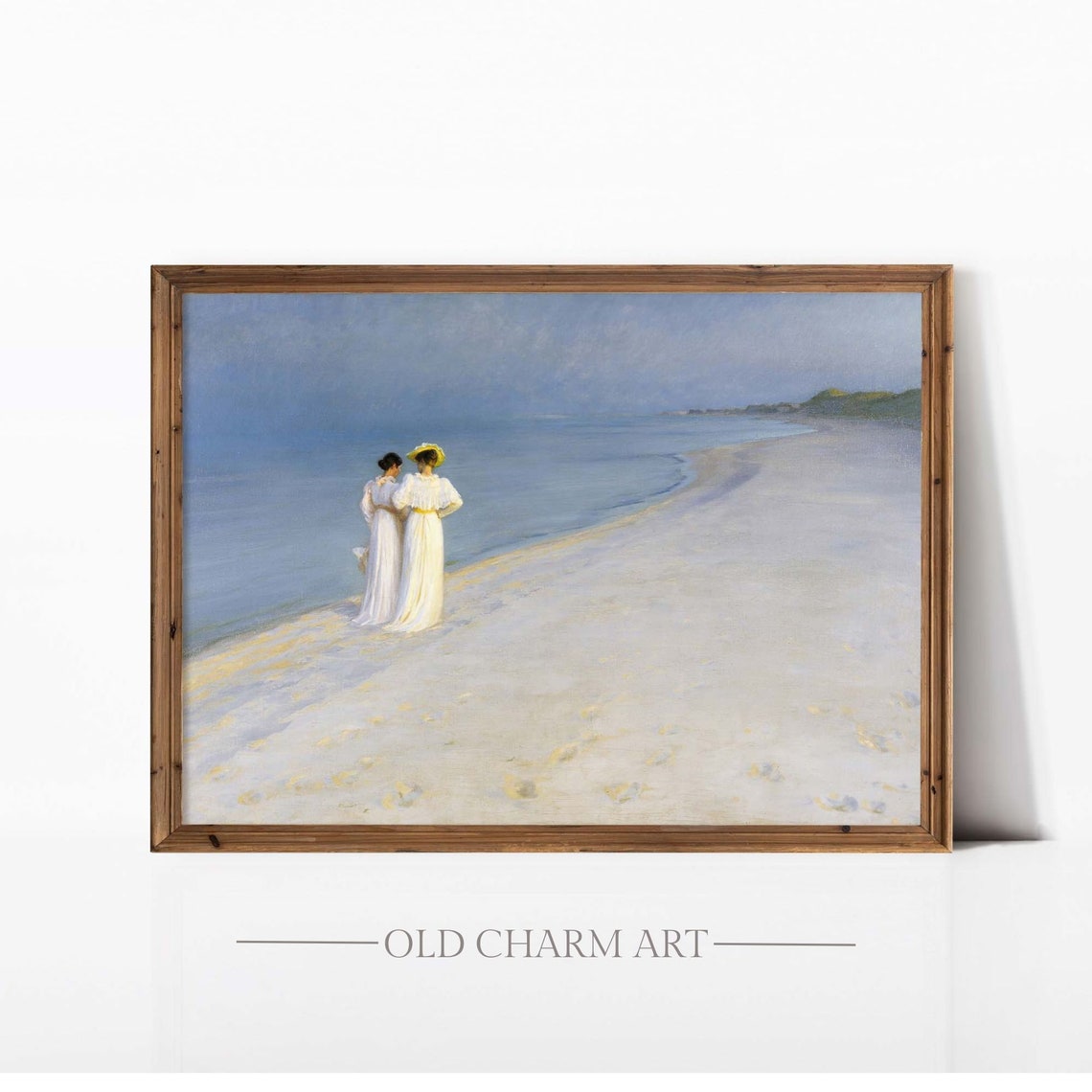 Two Ladies in White Dresses Strolling on a Sandy Beach Poster