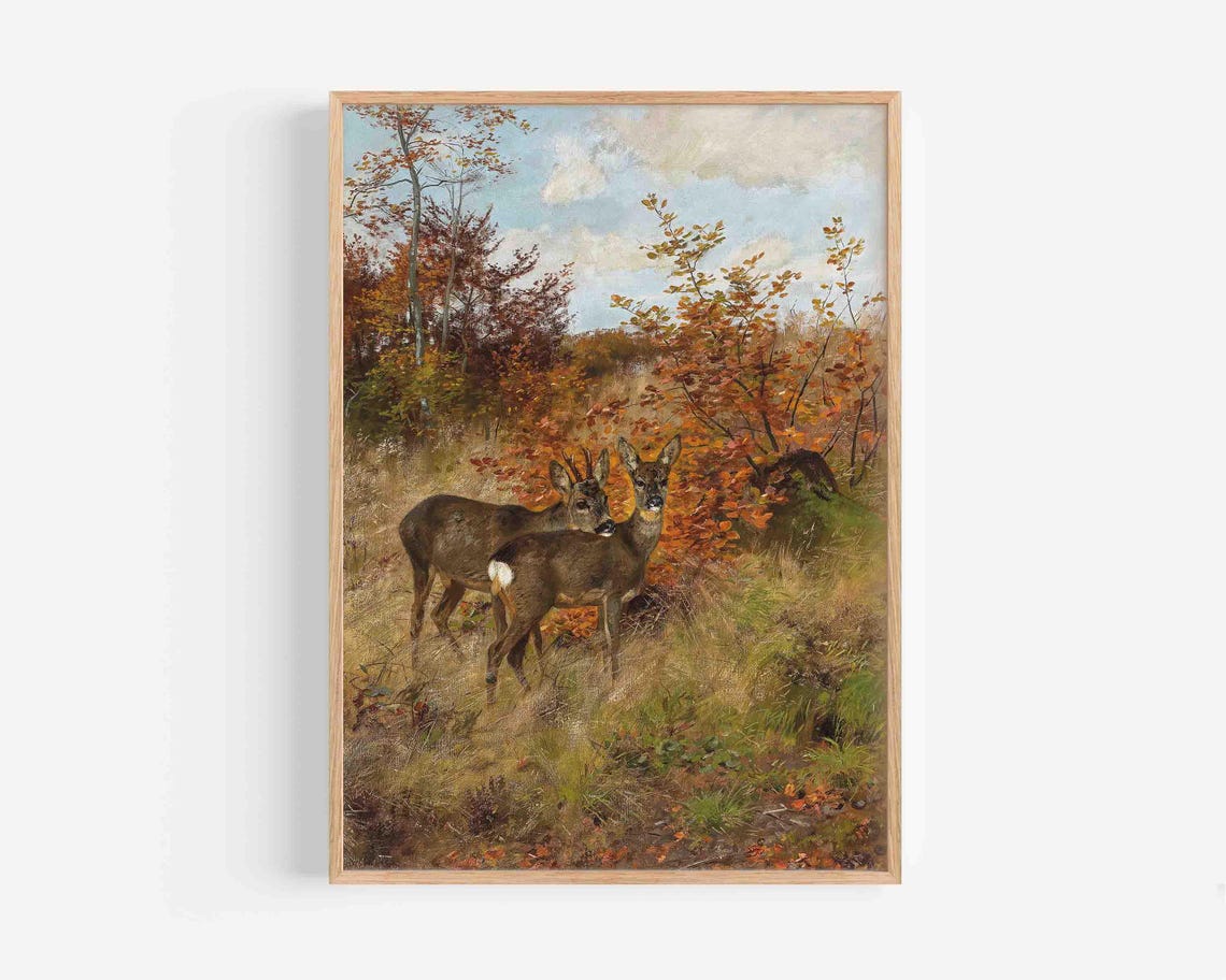 Two Roe Deer in an Autumn Forest Edge Wildlife Painting Poster - Image 2