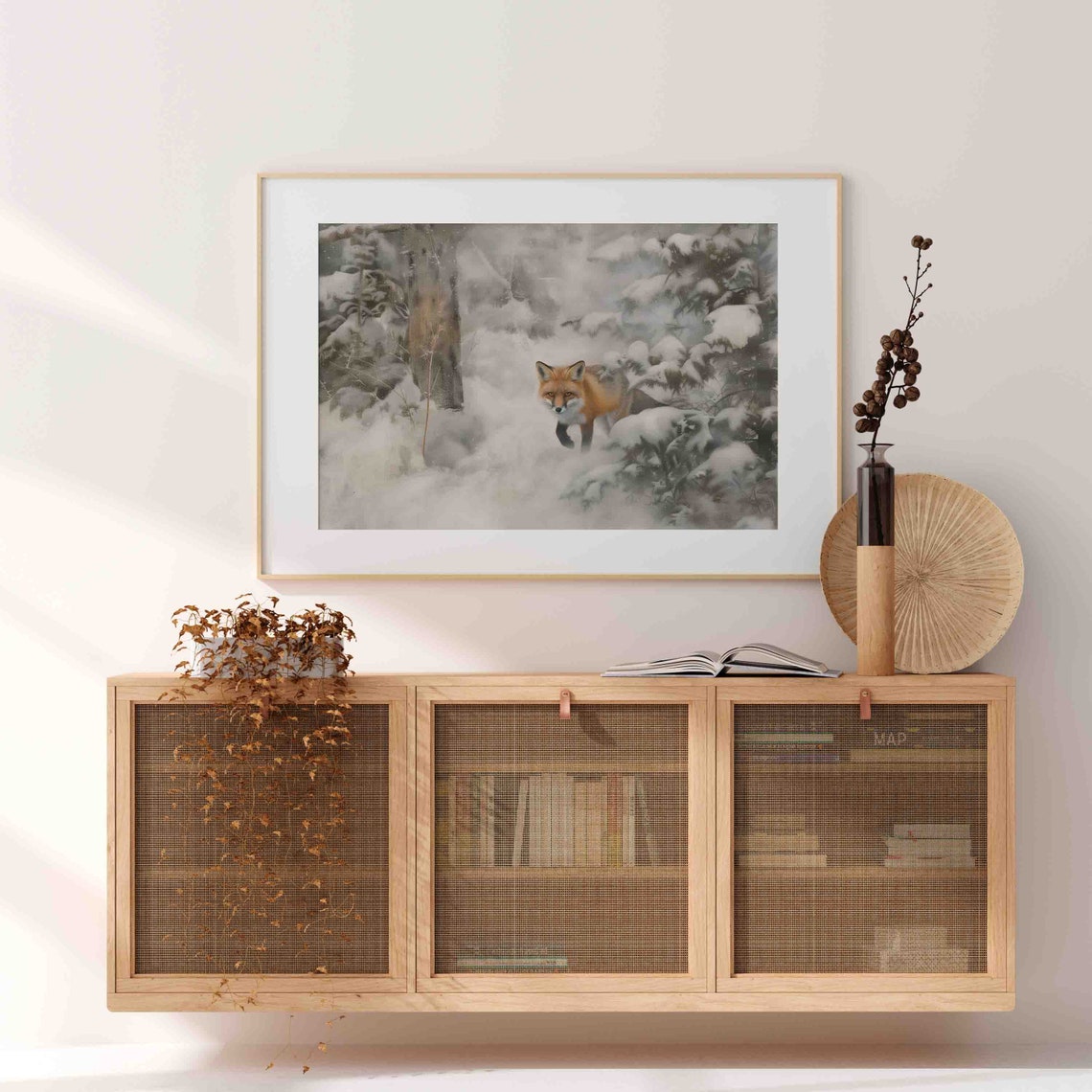 Wild Red Fox Running Through Snowy Winter Forest Painting Poster - Image 4