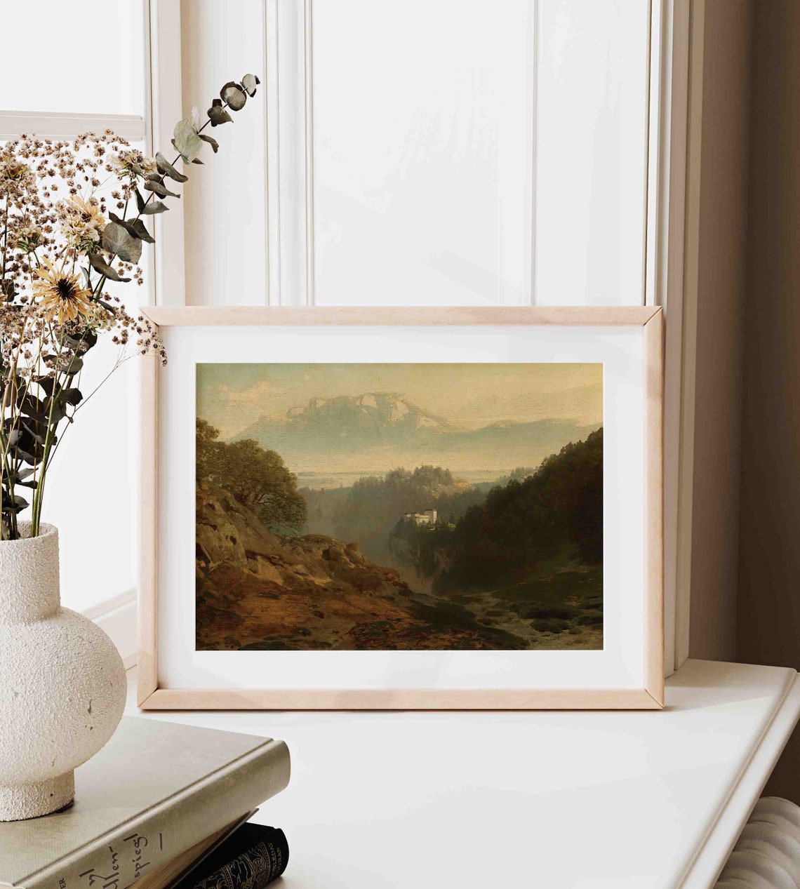 Mountain Valley With Castle on Cliff Hazy Alpine Vista Oil Poster - Image 3