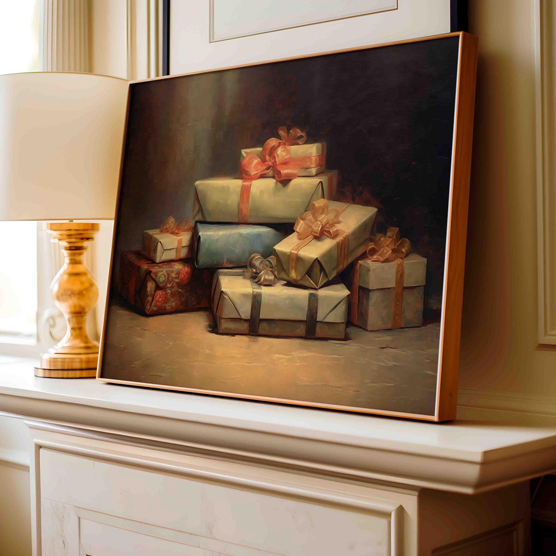 Stack Of Wrapped Christmas Gifts With Ribbons Warm Light Oil Poster - Image 3
