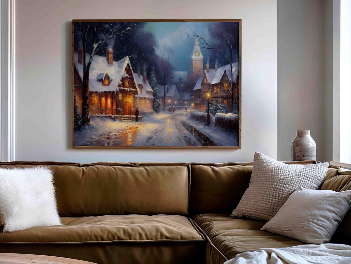 Snowy Village Night Church Steeple Glowing Lamps Painting Poster - Image 3