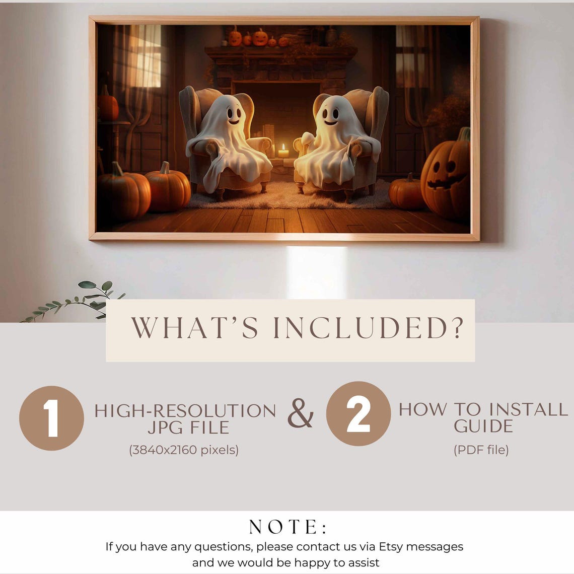 Cute Ghosts Relaxing In Armchairs By A Fireplace With Pumpkins Poster - Image 3
