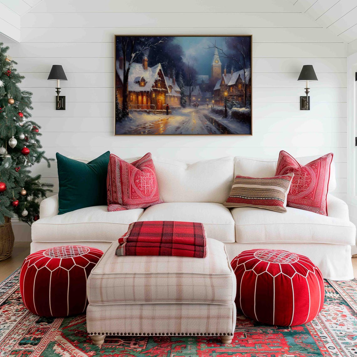 Snowy Village Night Church Steeple Glowing Lamps Painting Poster - Image 4