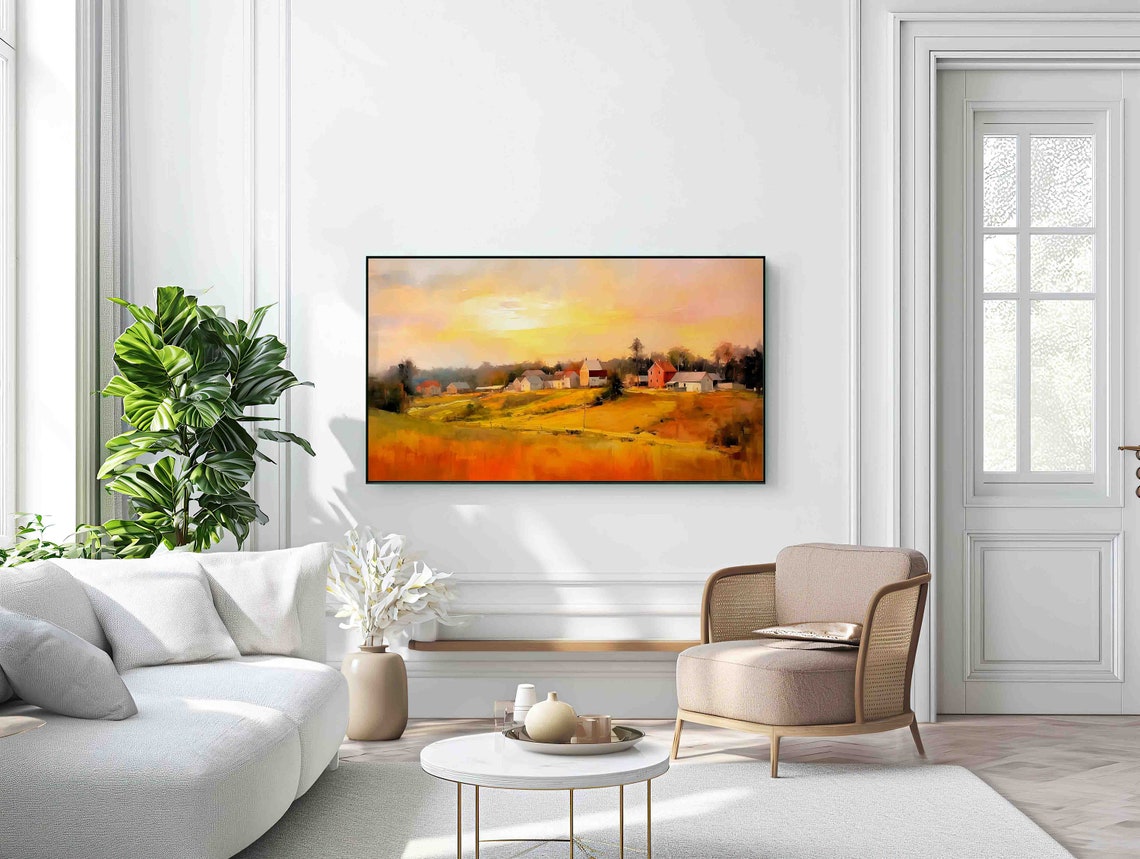 Golden Autumn Sunset Over Farming Village and Fields Art Poster - Image 2