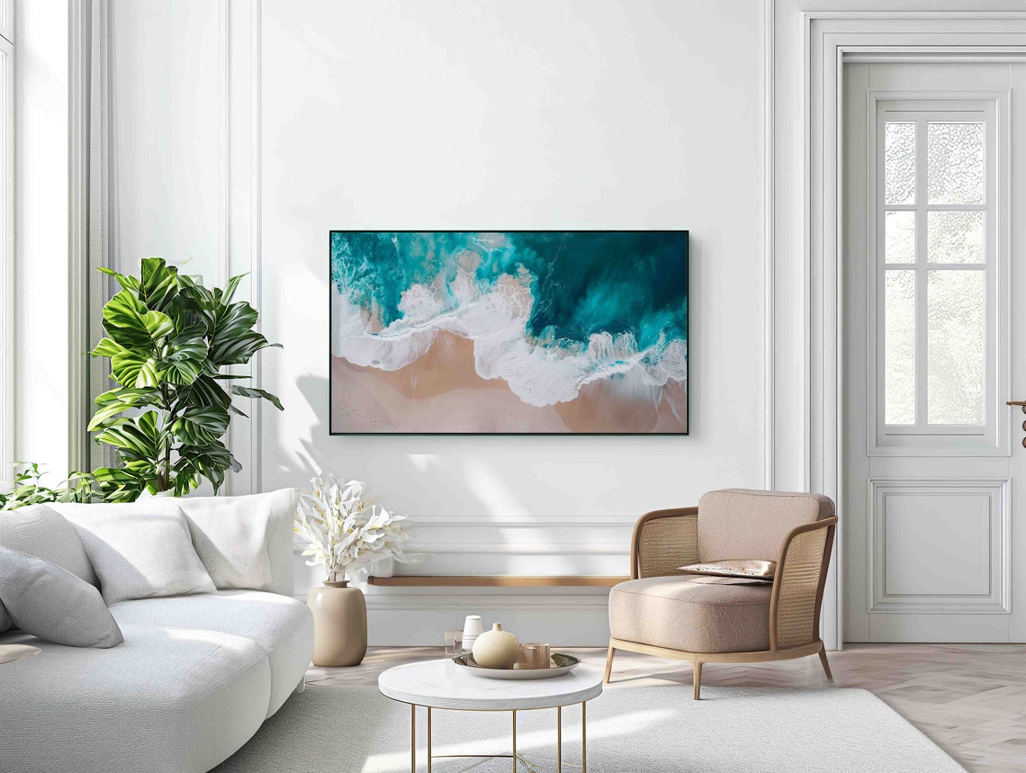 Aerial View of Turquoise Ocean Waves Meeting Sandy Shore Print