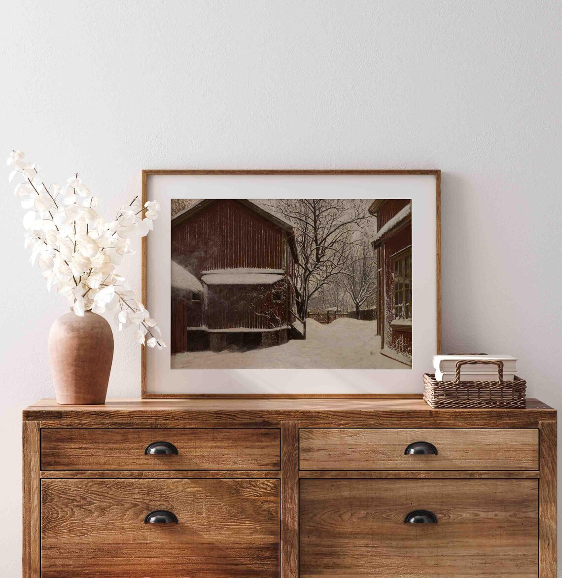 Quiet Red Barn Winter Snow Farm Vintage Landscape Painting Poster - Image 2