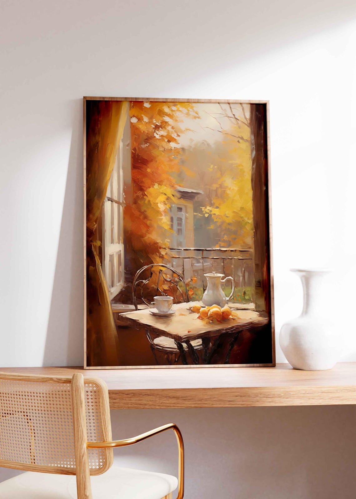 Cozy Autumn Balcony Coffee Table Orange Trees Painting Poster - Image 3