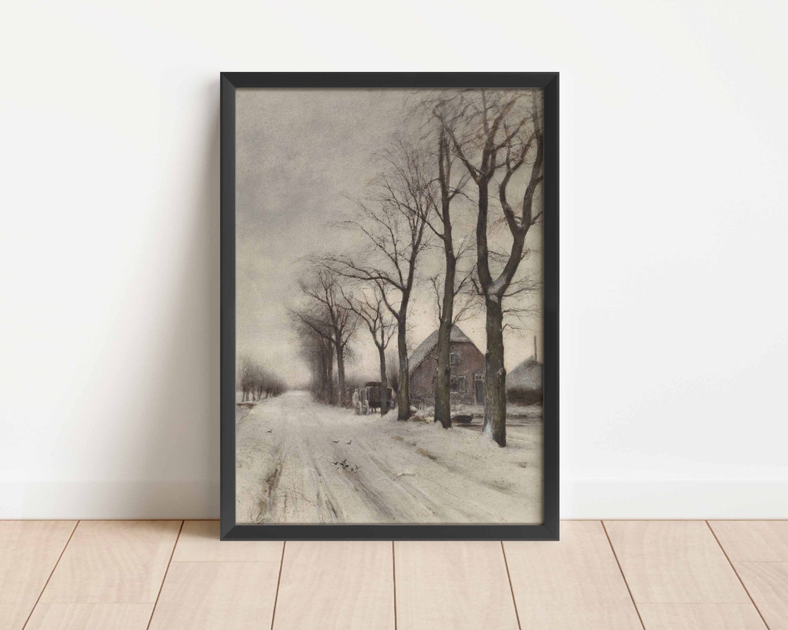 Misty Winter Country Road Rustic Farmhouse Snow Painting Poster - Image 3