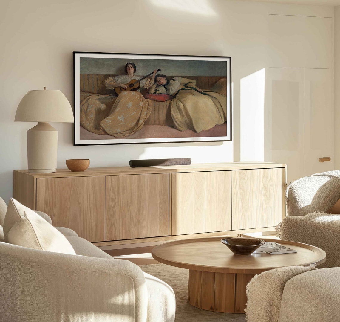 Two Women on Settee With Guitar Antique Interior Painting Poster - Image 3