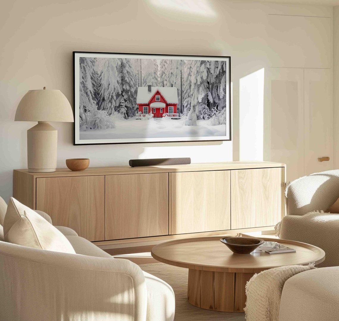 Cozy Red Cabin Winter Snow Scene Digital Frame TV Art Wall Print