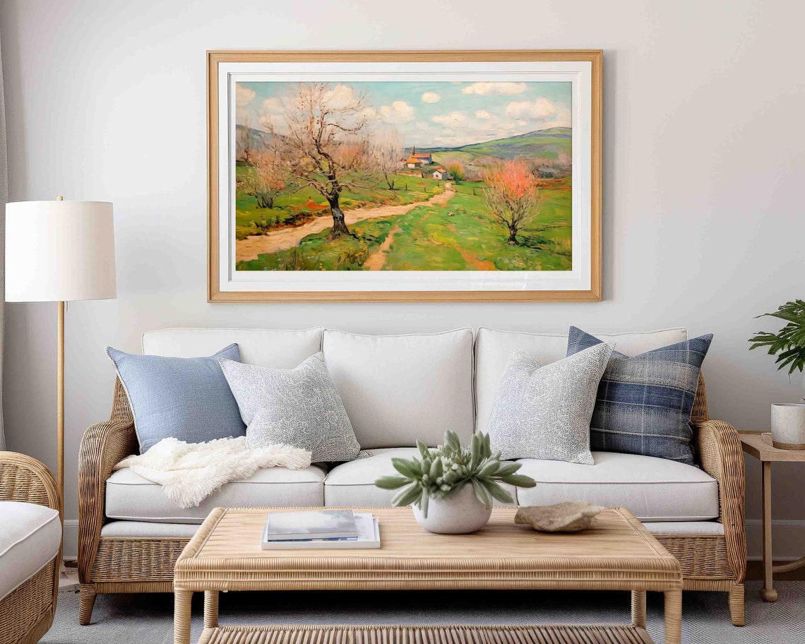 Spring Country Road To Farmhouse Blooming Trees Green Hills Poster - Image 3
