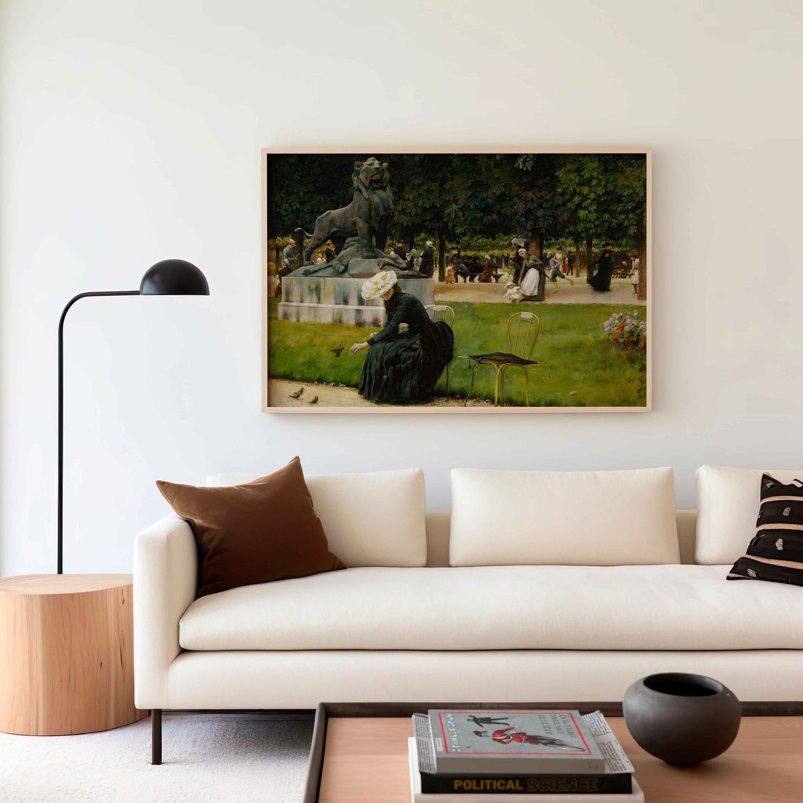 Woman Feeding Birds In Park With Lion Statue Antique Painting Poster - Image 4