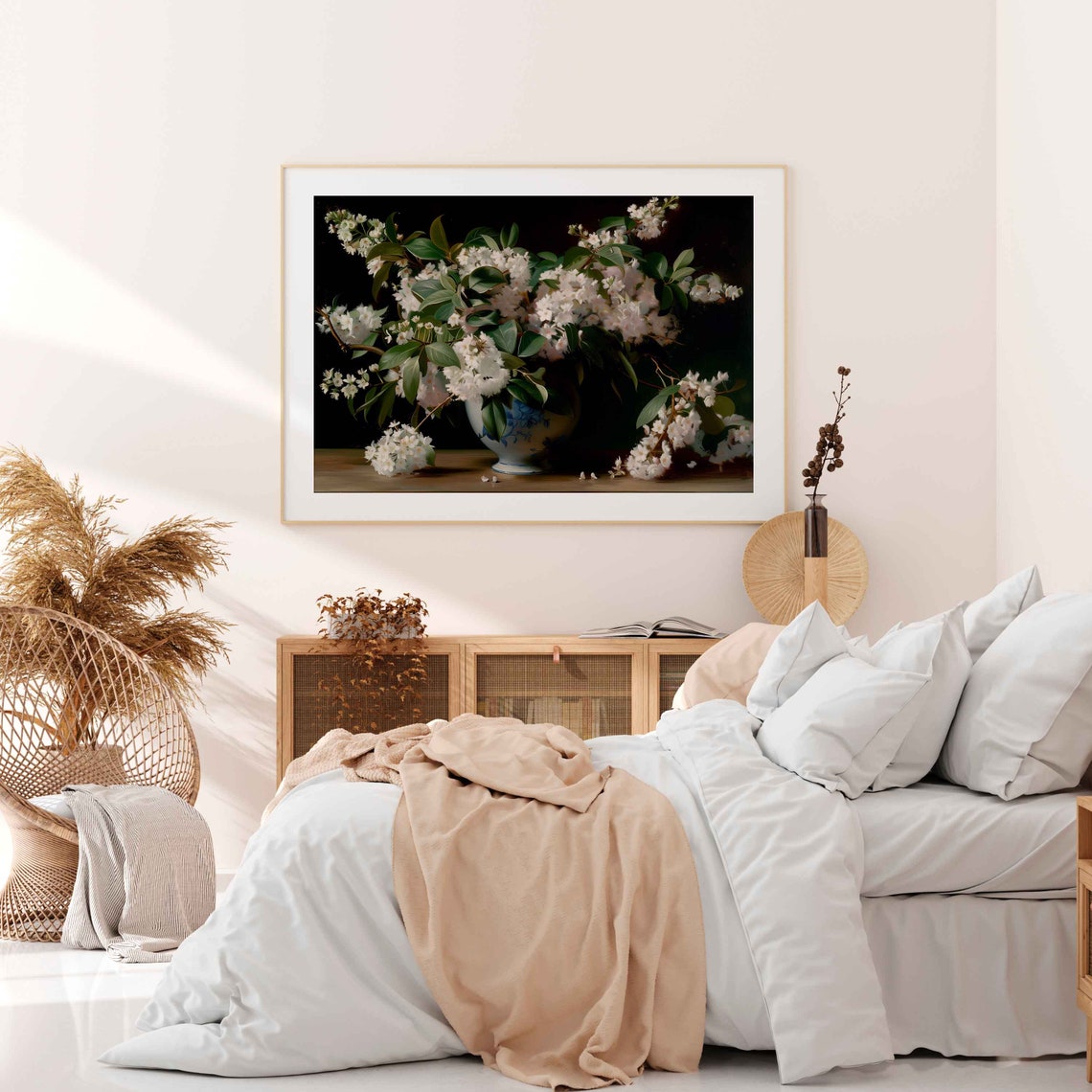 White Blossom Branches In Blue Porcelain Vase Dark Still Life Poster - Image 3
