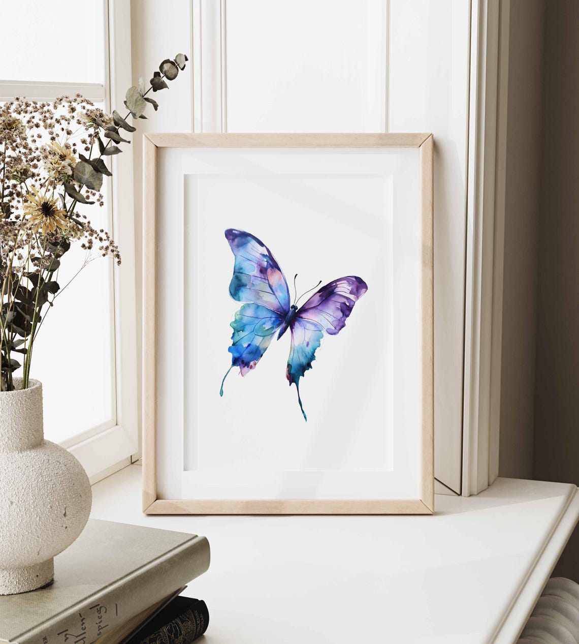 Blue Purple Watercolor Butterfly Wings Floral Spring Wall Art Poster - Image 3