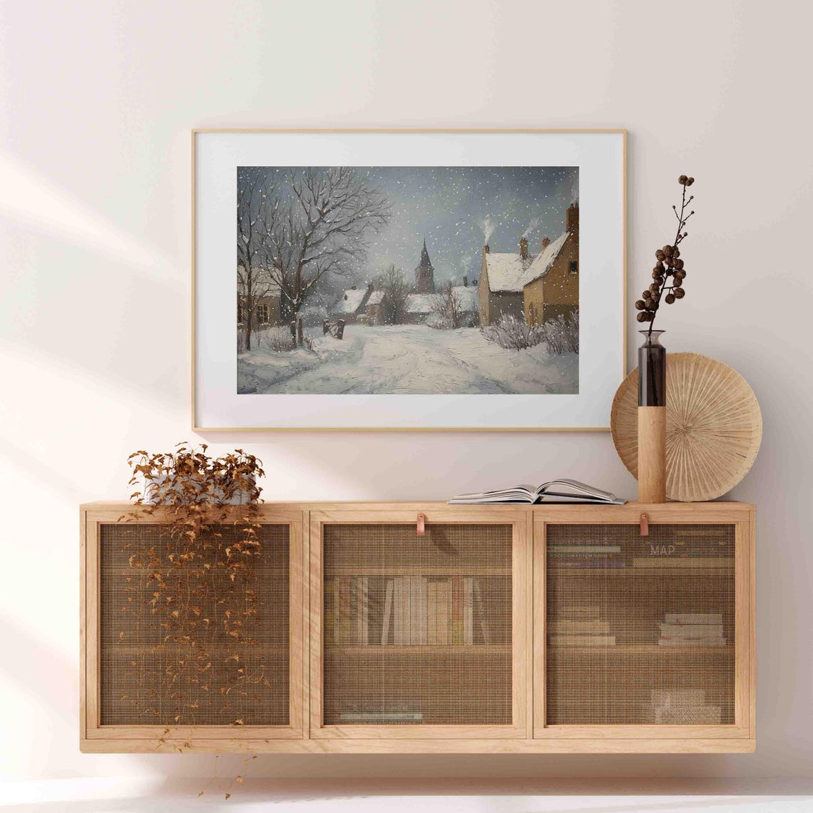 Cozy Snowy Village Church Dusk Falling Snow Holiday Painting Poster - Image 3