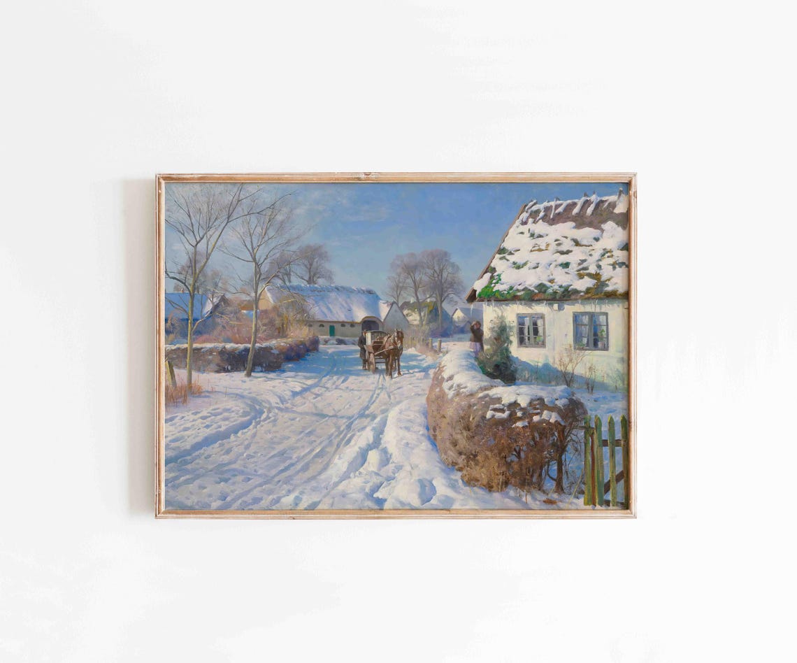 Sunny Snowy Village Horse Sleigh Thatched Cottage Painting Poster - Image 2
