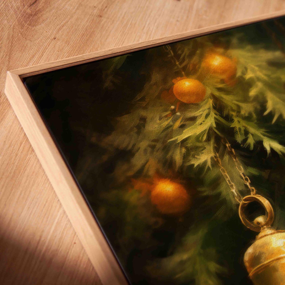 Golden Brass Christmas Bells Hanging On Pine Branch Dark Green Poster - Image 2
