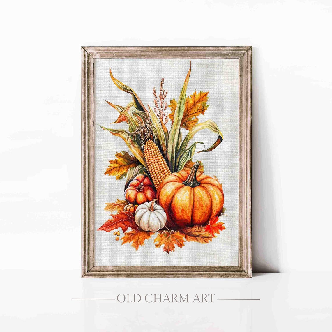 Autumn Pumpkin And Corn Bouquet With Fall Leaves Watercolor Poster