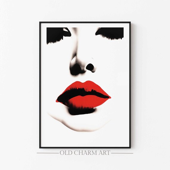 Woman Face With Bold Red Lips Black White Pop Fashion Portrait Art Poster