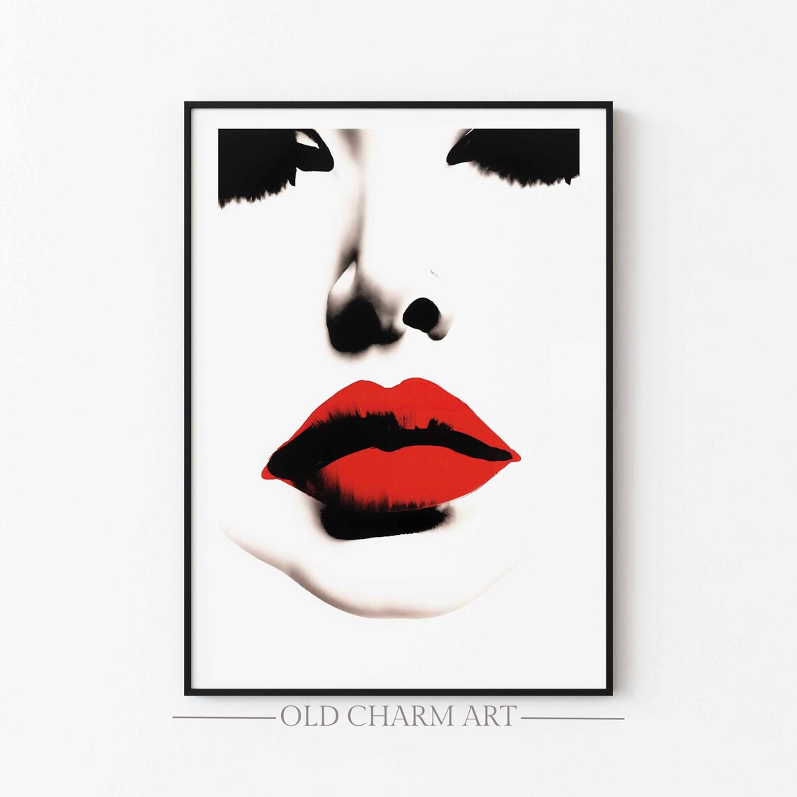 Woman Face With Bold Red Lips Black White Pop Fashion Portrait Art Poster