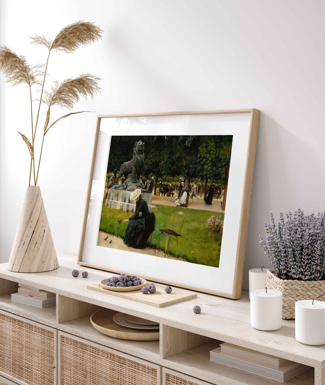 Woman Feeding Birds In Park With Lion Statue Antique Painting Poster - Image 3