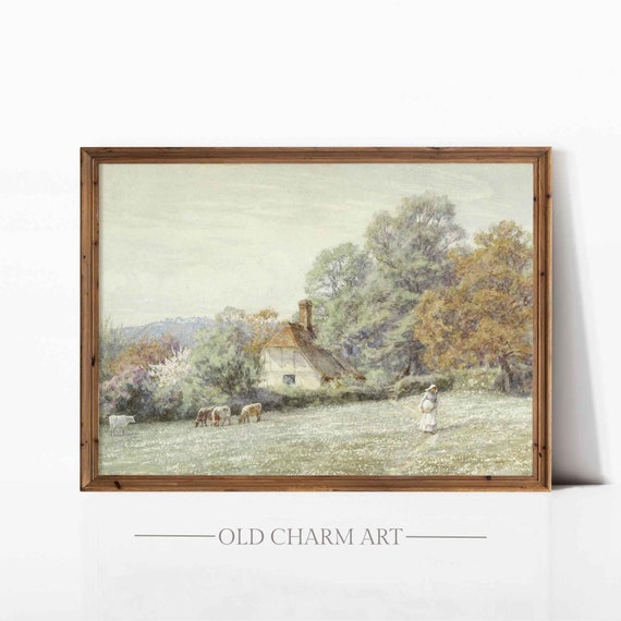 Vintage Cottage Print Rustic Summer Landscape Painting Cottagecore Wall Art Country Art Poster Wa111
