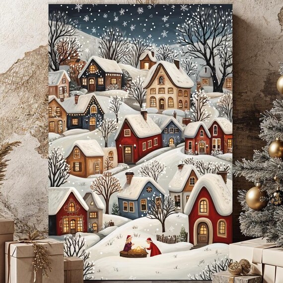 Cozy Winter Village Night Snow Cottages Christmas Holiday Wall Art