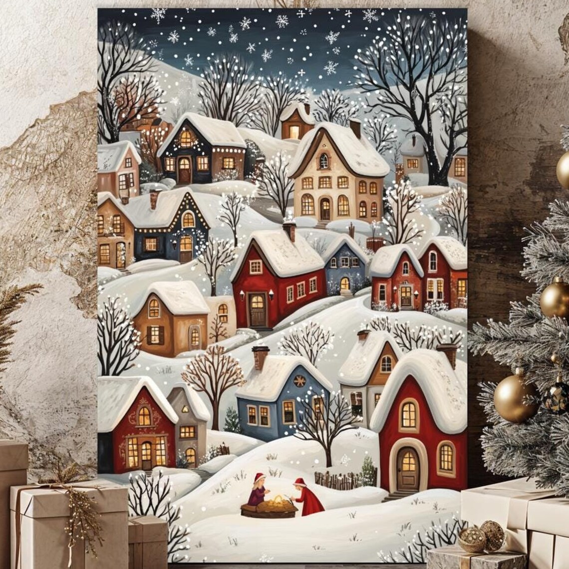 Cozy Winter Village Night Snow Cottages Christmas Holiday Wall Art