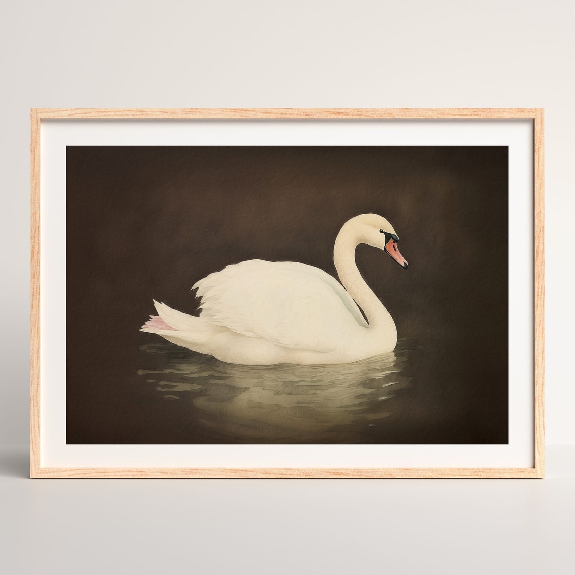 White Swan Gliding on Dark Water Moody Wildlife Wall Art Poster - Image 2