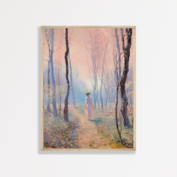 Retro Forest Landscape, Vintage Pastel Art Print
