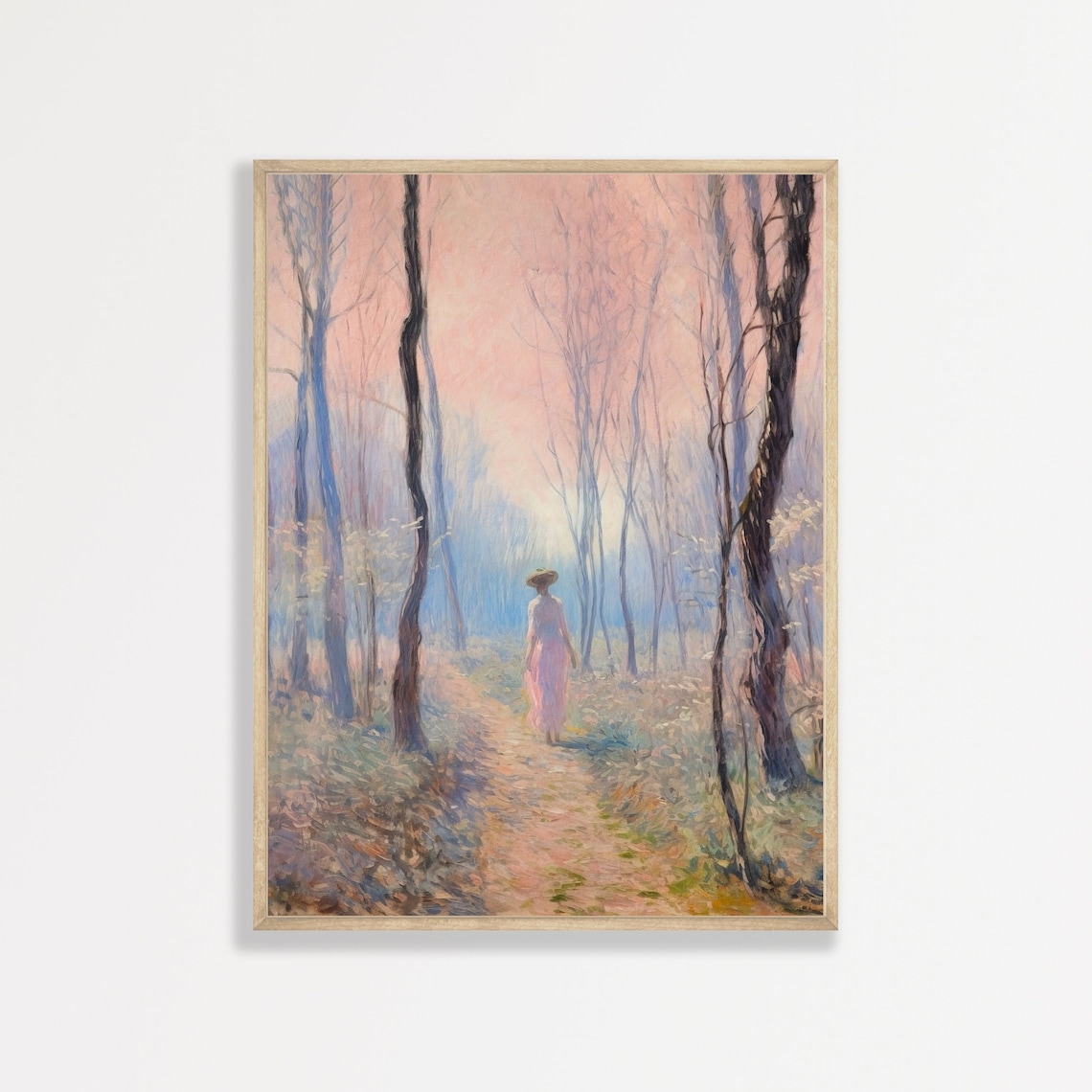 Retro Forest Landscape, Vintage Pastel Art Print