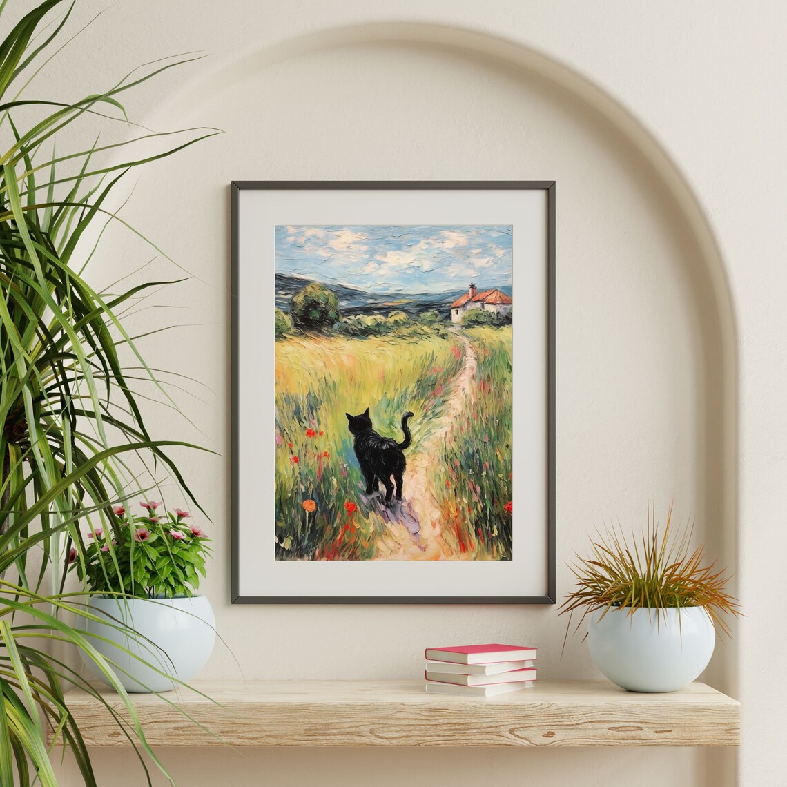 Monet-Inspired Black Cat Retro Landscape Art Print - Image 2
