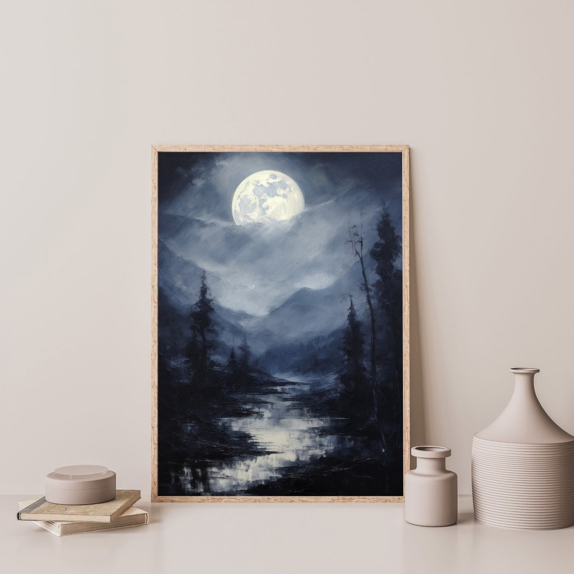 Full Moon River Night Pine Forest Moody Vintage Landscape Poster - Image 3