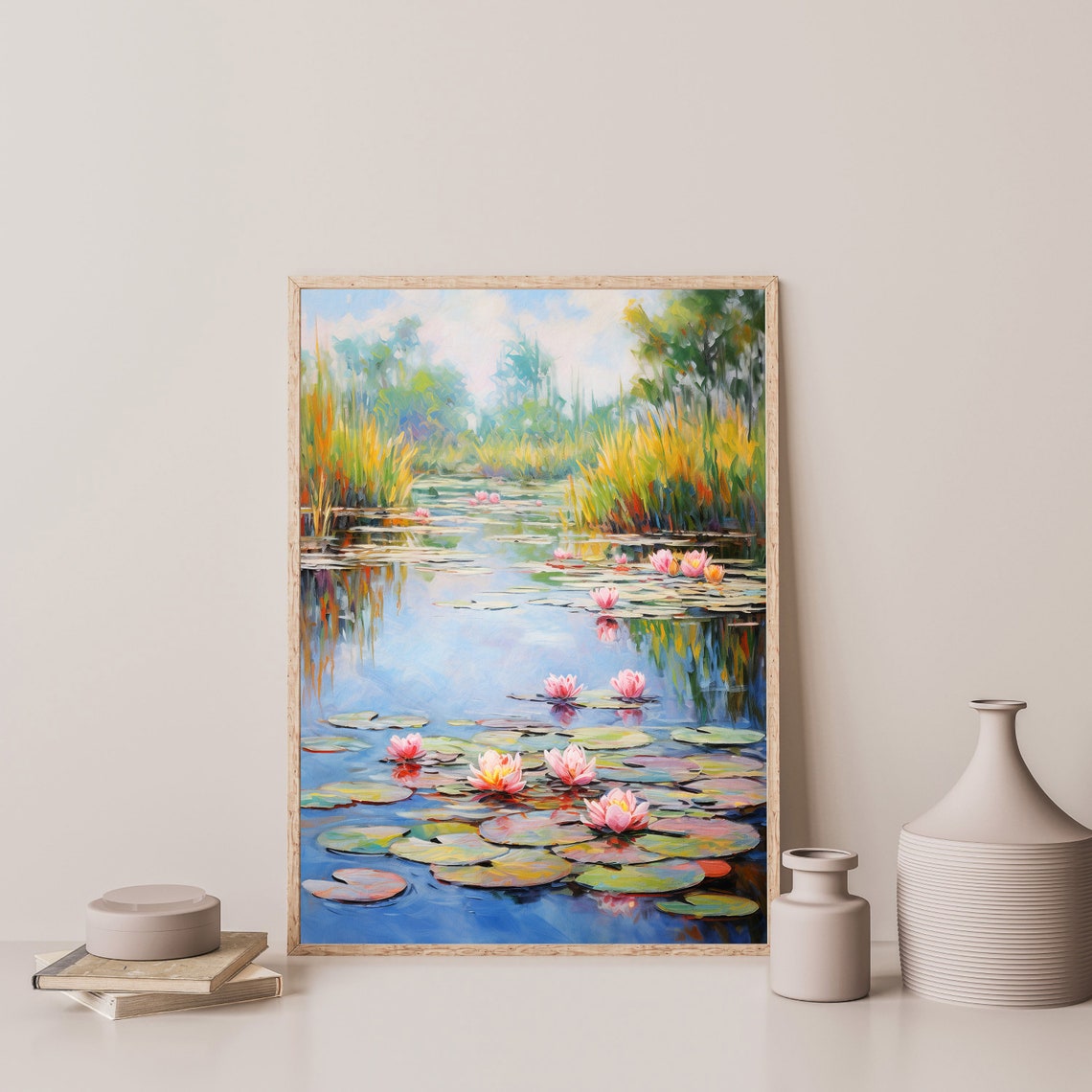 Pink Water Lily Pond Impressionist Vintage Floral Landscape Wall Art - Image 3
