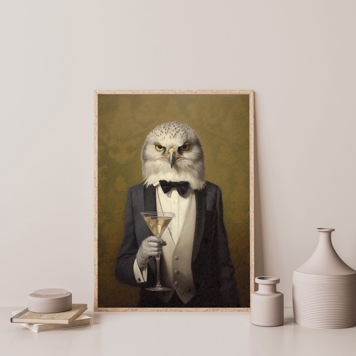 White Eagle in a Tuxedo Holding a Martini Vintage Bar Cart Wall Art - Image 3