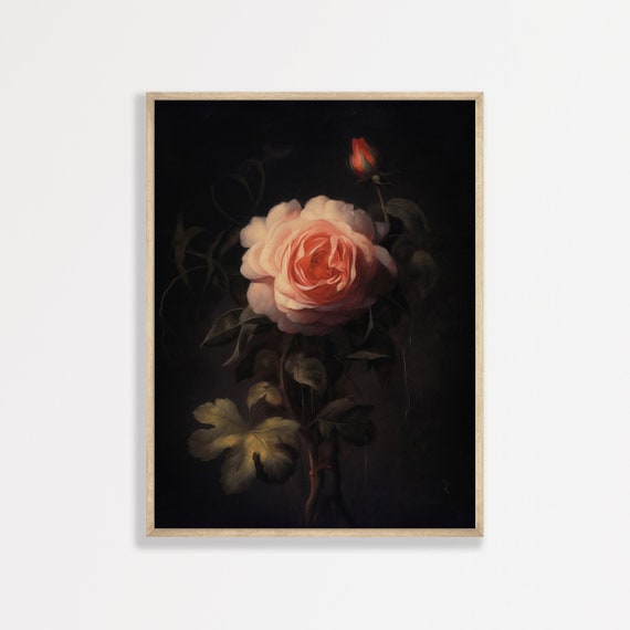 Dark Rose Painting Moody Vintage Wall Art Dark Academia Maximalist Decor P 836