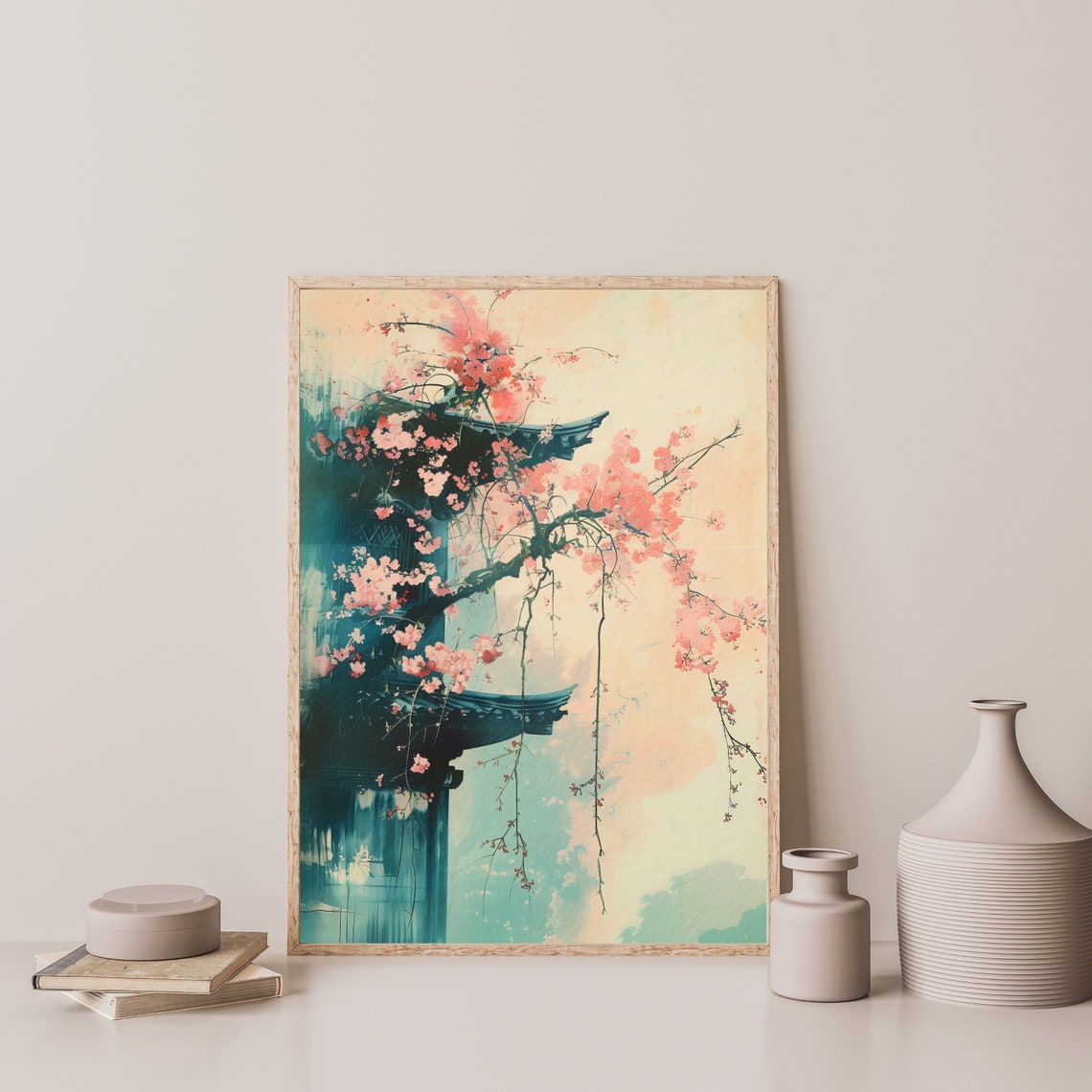 Japanese Temple Roofline Pink Cherry Blossoms Spring Travel Poster - Image 3