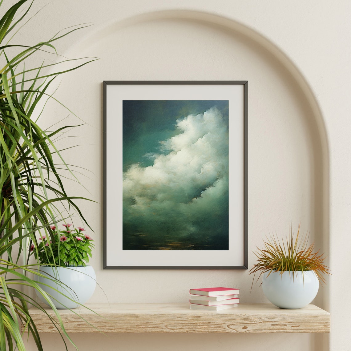 White Clouds Dark Teal Sky Moody Minimalist Abstract Cloud Poster - Image 2