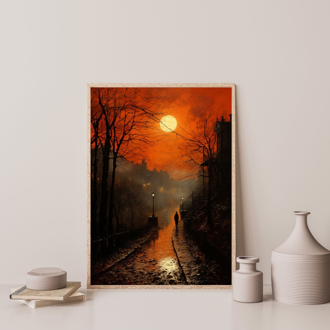 Gothic Moonlit Street Night Orange Sky Moody Victorian Alley Wall Art Print - Image 3