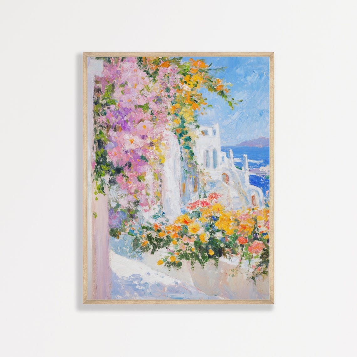 Greek Island Whitewashed Houses Bougainvillea Sea View Travel Poster