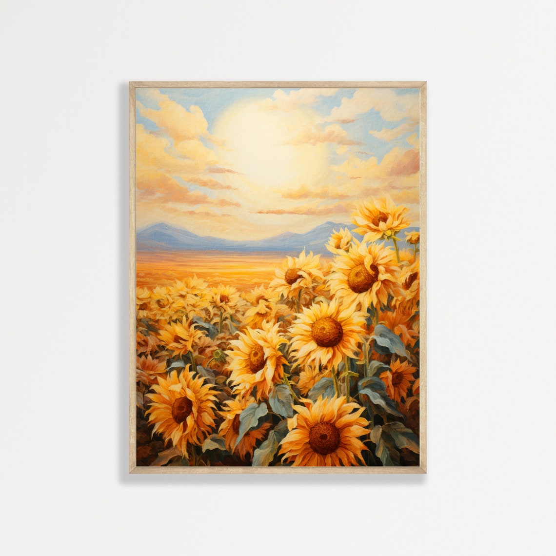 Sunflower Field Golden Sunset Mountain Horizon Vibrant Floral Poster