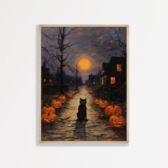 Black Cat Halloween Painting, Dark Academia Decor