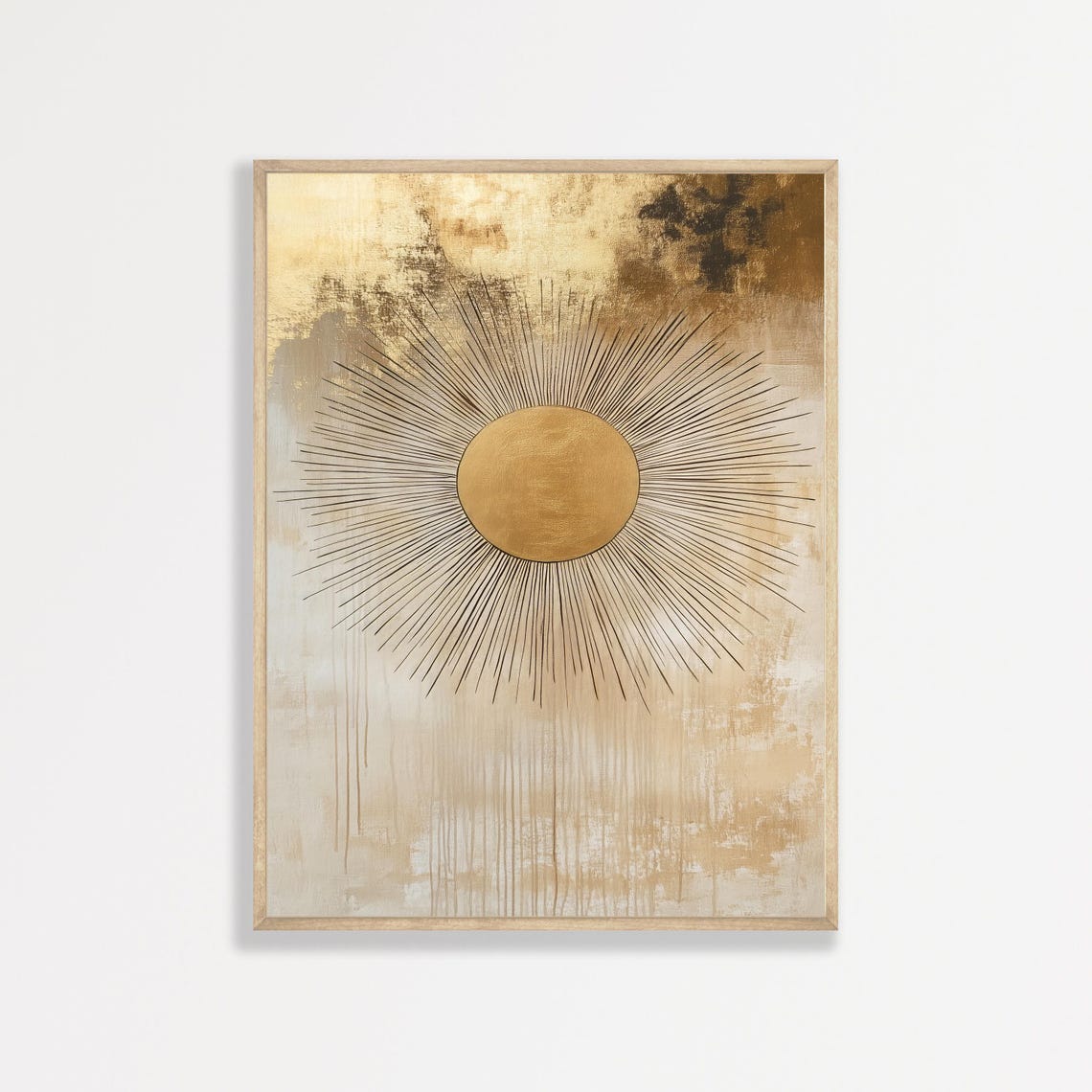 Golden Sunburst Radiant Rays Beige Boho Minimalist Abstract Wall Art