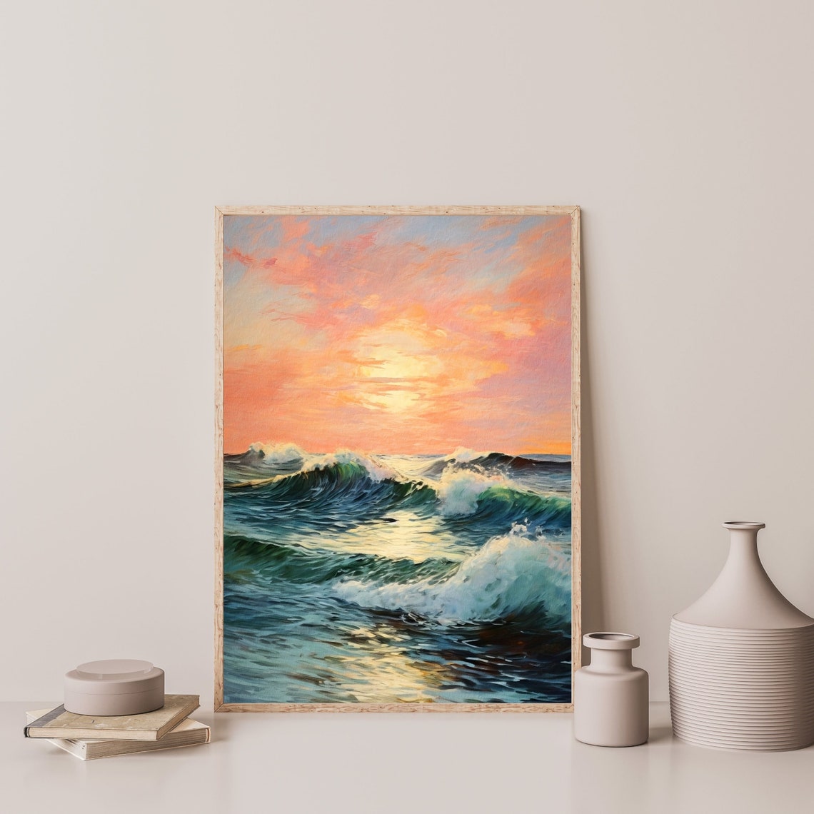 Ocean Waves Sunset Coastal Pastel Sky Seascape Beach Painting Poster - Image 3